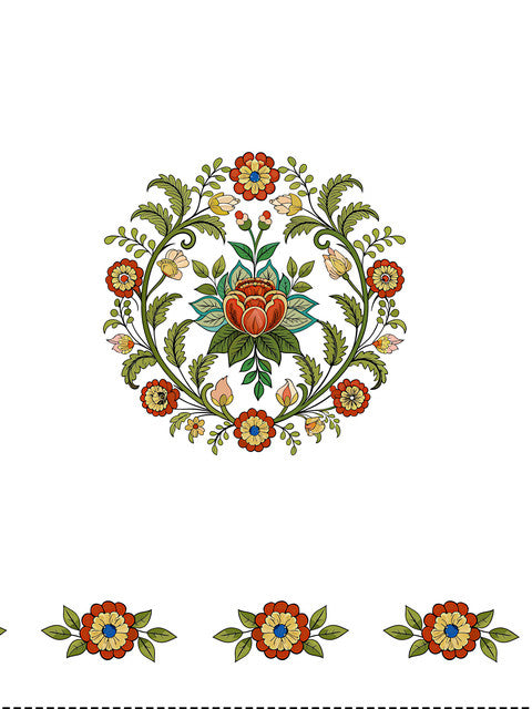 Homeloomers Floral Printed Cotton Table Cover with Traditional Red & Green Motifs | Elegant White Dining Tablecloth with Decorative Floral Border
