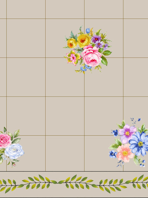Homeloomers Floral Check Table Cover | Cream Beige with Rose Bouquet Print & Green Leaf Border | Rectangular Dining Table Cloth