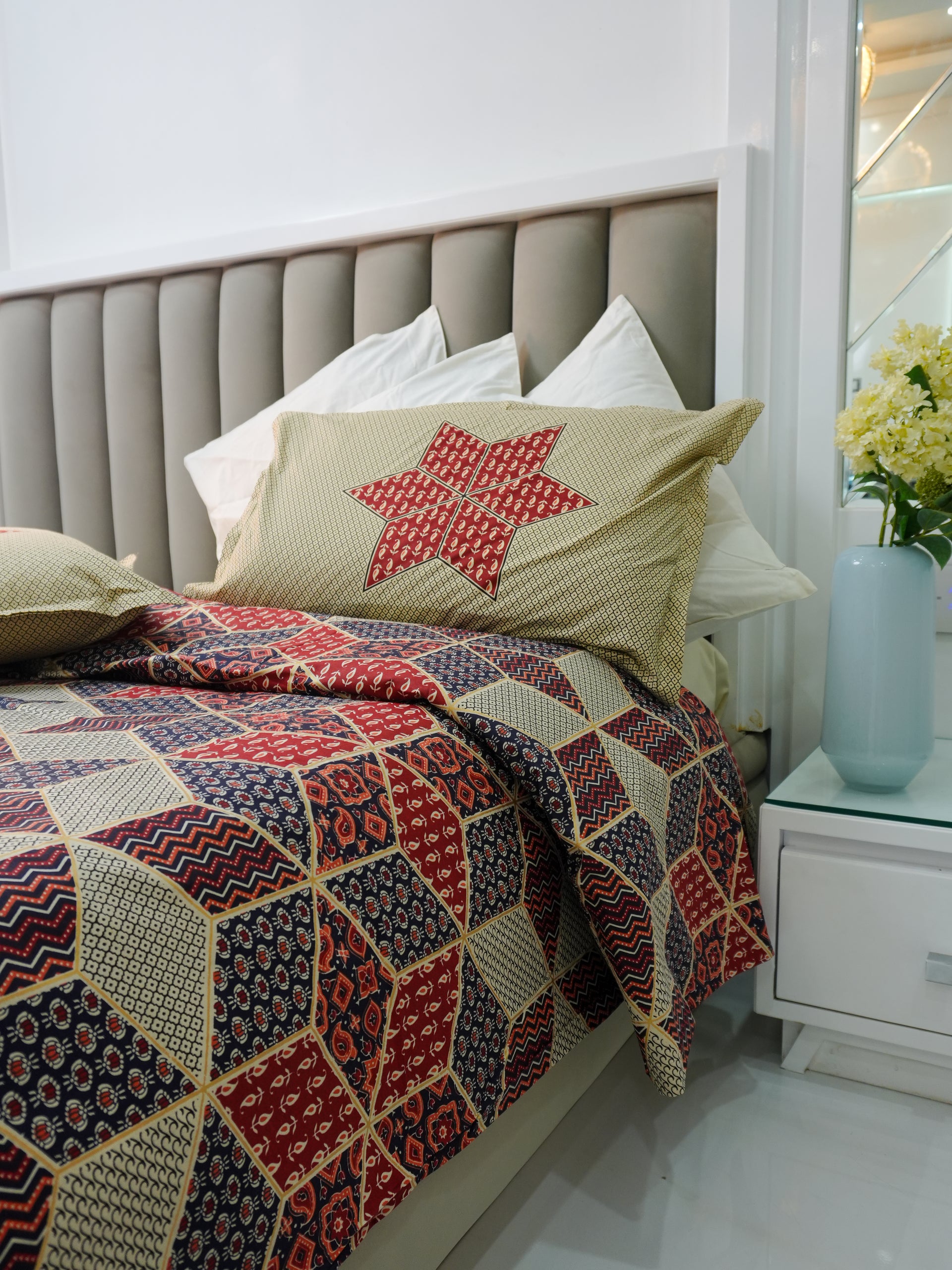 Cerulene Bagru Gold Cotton Super King Size Bedsheet