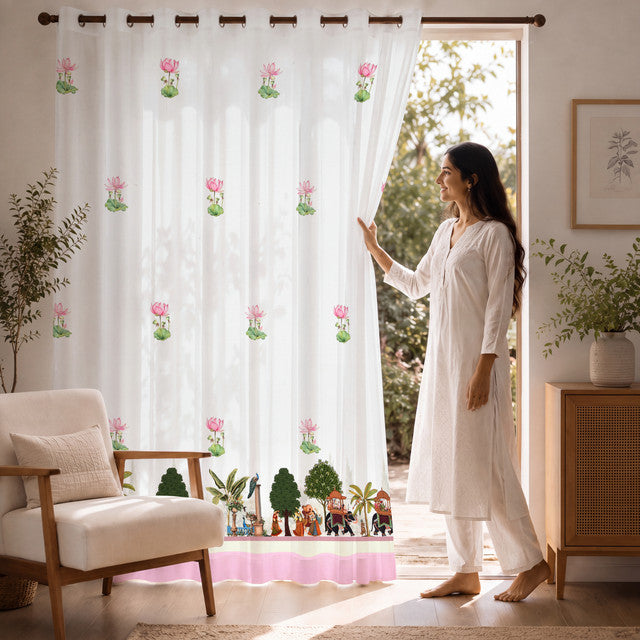 Rajasthani_Village_Scene_Printed_Curtain_White