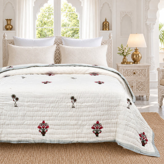 Homeloomers Premium Cotton Rajai with Floral Print & Elegant Striped Border | Soft, Cozy & Stylish Quilt for Winter