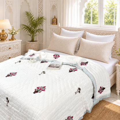 Homeloomers Premium Cotton Rajai with Floral Print & Elegant Striped Border | Soft, Cozy & Stylish Quilt for Winter