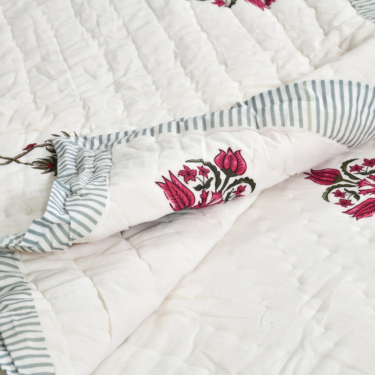 Homeloomers Premium Cotton Rajai with Floral Print & Elegant Striped Border | Soft, Cozy & Stylish Quilt for Winter