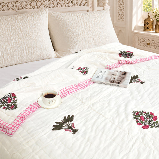 Homeloomers Premium Cotton Rajai with Floral Print & Pink Block Border