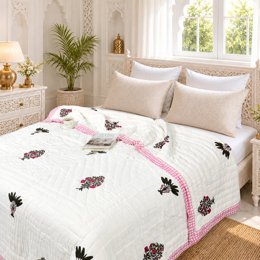 Homeloomers Premium Cotton Rajai with Floral Print & Pink Block Border