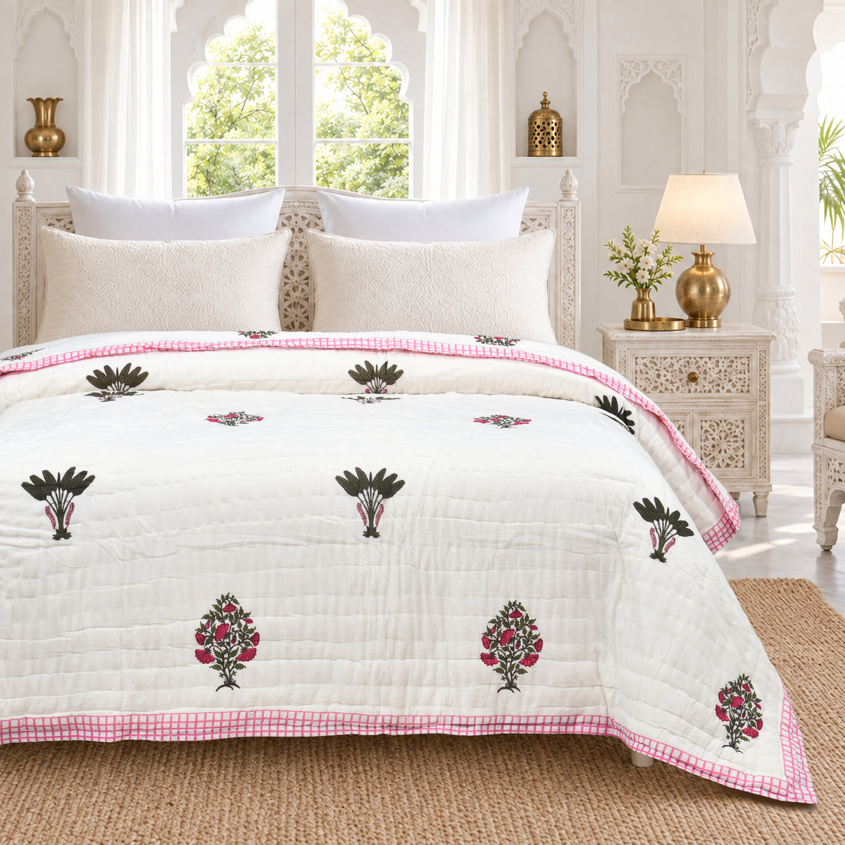 Homeloomers Premium Cotton Rajai with Floral Print & Pink Block Border