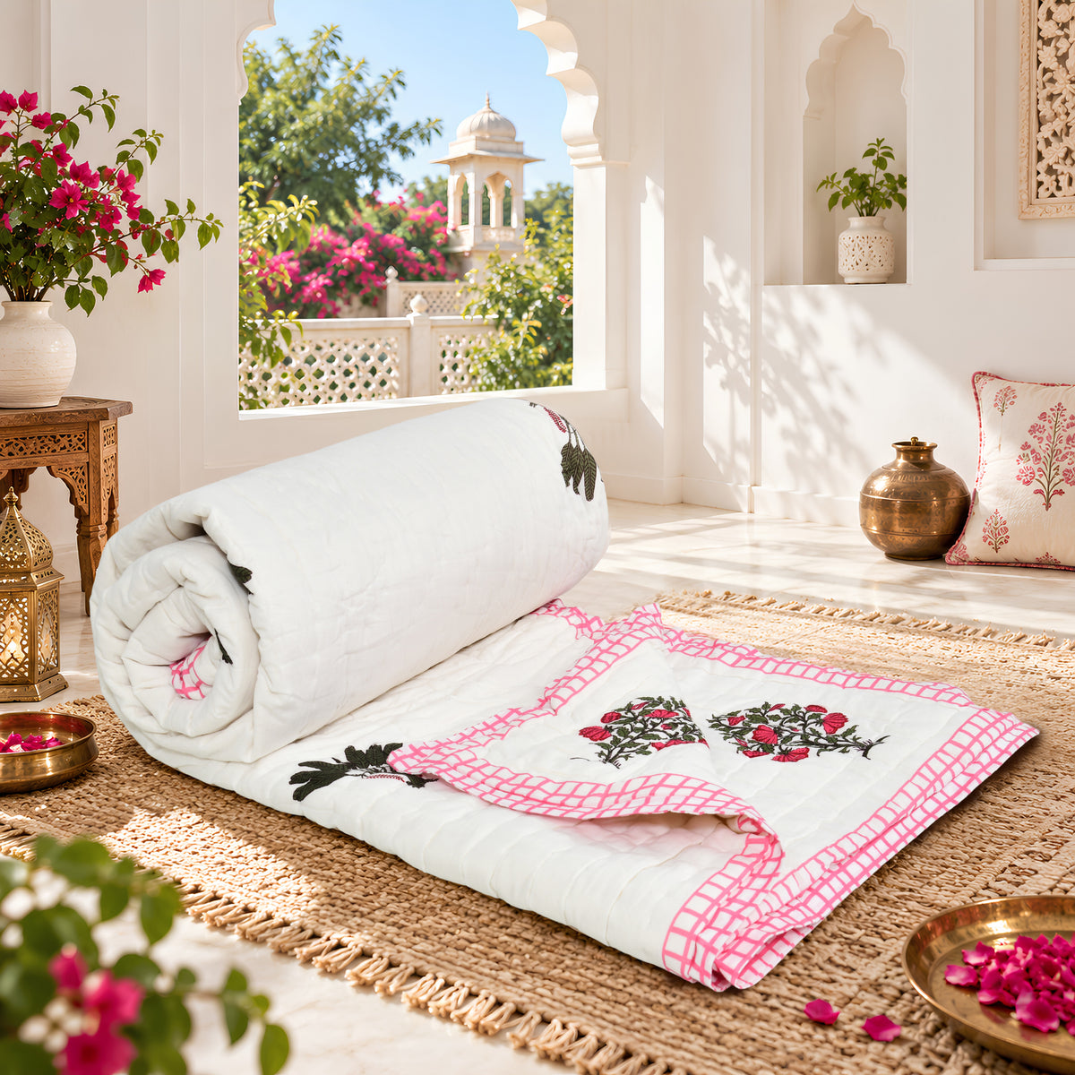 Homeloomers Premium Cotton Rajai with Floral Print & Pink Block Border