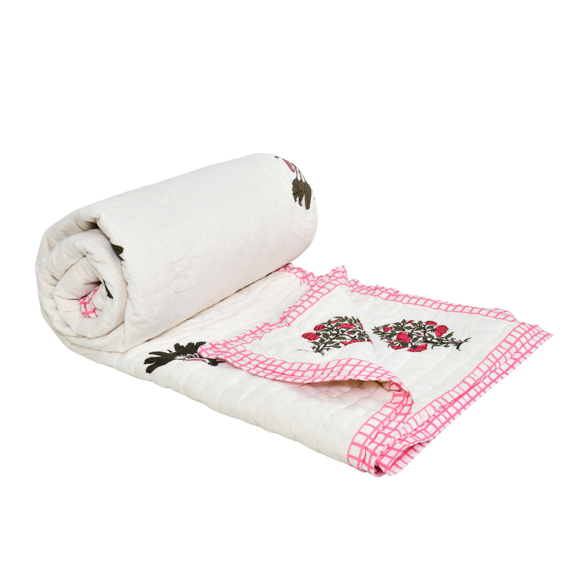 Homeloomers Premium Cotton Rajai with Floral Print & Pink Block Border
