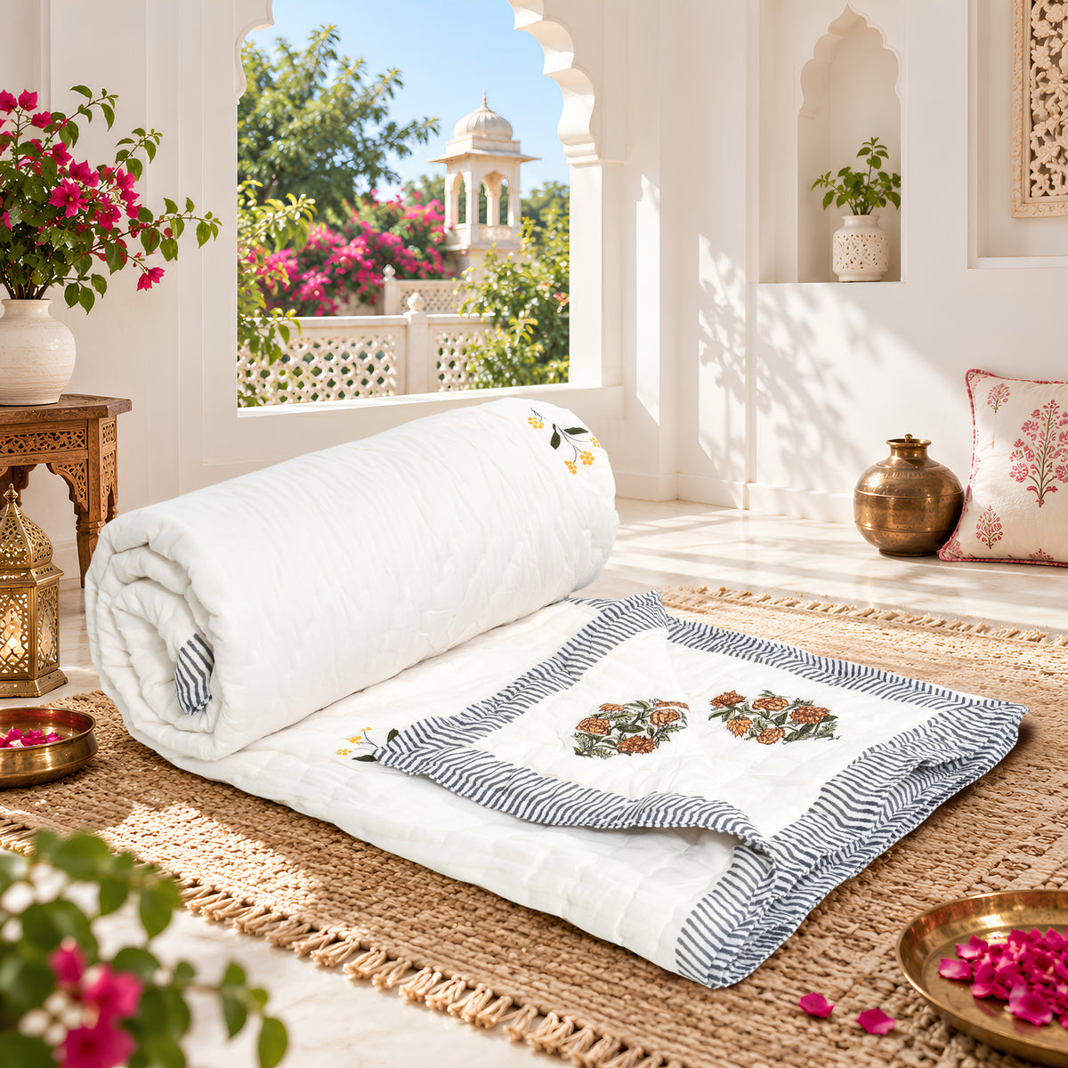 Homeloomers Premium Cotton Rajai with Floral Print & Black Striped Border | Elegant, Soft & Cozy Winter Quilt