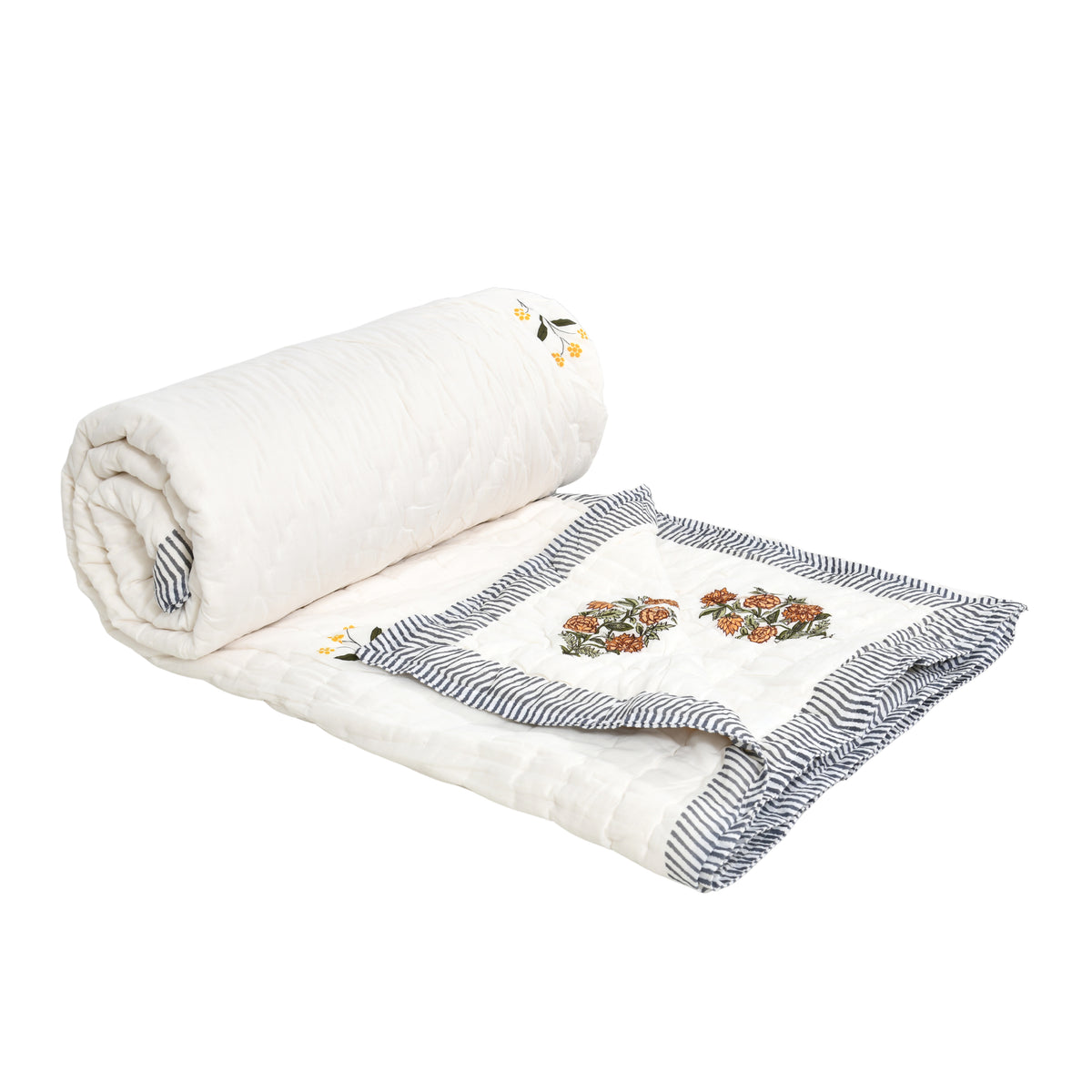 Homeloomers Premium Cotton Rajai with Floral Print & Black Striped Border | Elegant, Soft & Cozy Winter Quilt