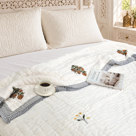 Homeloomers Premium Cotton Rajai with Floral Print & Black Striped Border | Elegant, Soft & Cozy Winter Quilt