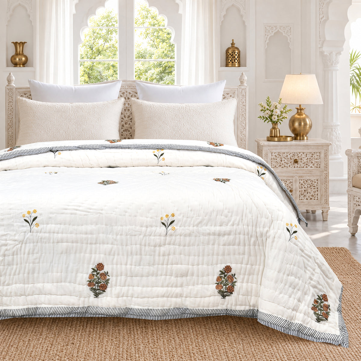Homeloomers Premium Cotton Rajai with Floral Print & Black Striped Border | Elegant, Soft & Cozy Winter Quilt
