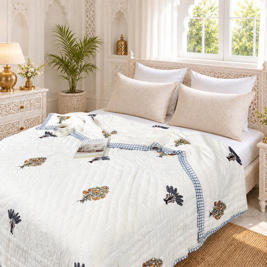 Homeloomers Premium Cotton Rajai with Floral Print & Blue Striped Border | Elegant, Soft & Cozy Winter Quilt