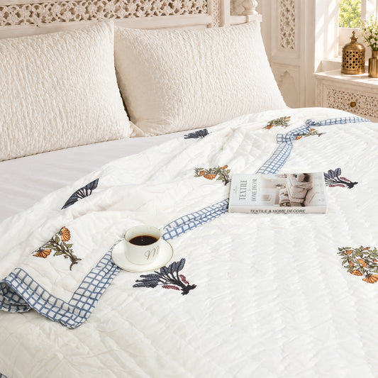 Homeloomers Premium Cotton Rajai with Floral Print & Blue Striped Border | Elegant, Soft & Cozy Winter Quilt
