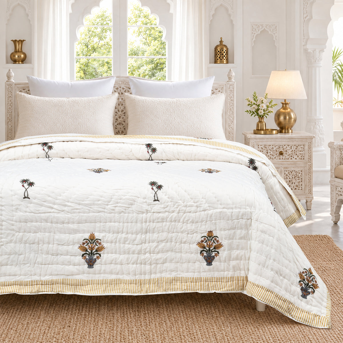 Homeloomers Premium Cotton Rajai with Floral Print & Yellow Striped Border | Elegant, Soft & Cozy Winter Quilt
