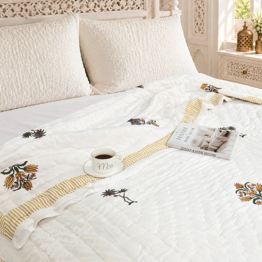 Homeloomers Premium Cotton Rajai with Floral Print & Yellow Striped Border | Elegant, Soft & Cozy Winter Quilt