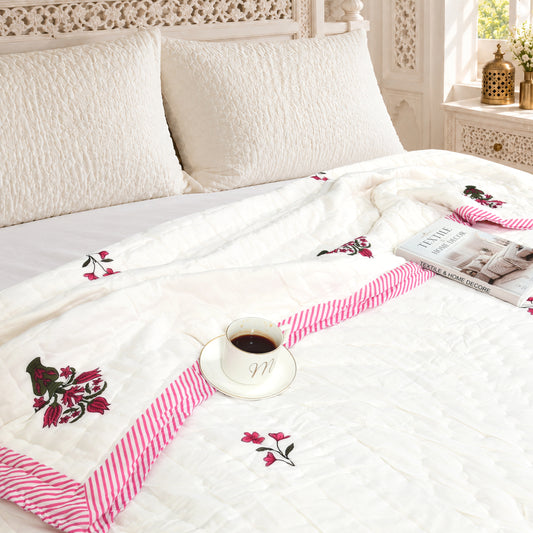 Homeloomers Premium Cotton Rajai with Floral Print & Pink Striped Border | Elegant, Soft & Cozy Winter Quilt