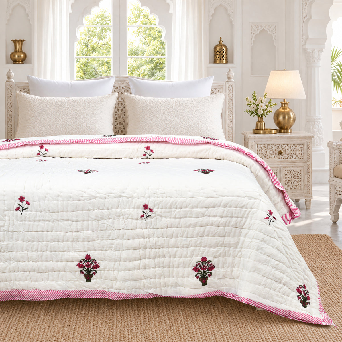 Homeloomers Premium Cotton Rajai with Floral Print & Pink Striped Border | Elegant, Soft & Cozy Winter Quilt
