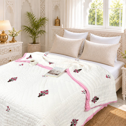 Homeloomers Premium Cotton Rajai with Floral Print & Pink Striped Border | Elegant, Soft & Cozy Winter Quilt