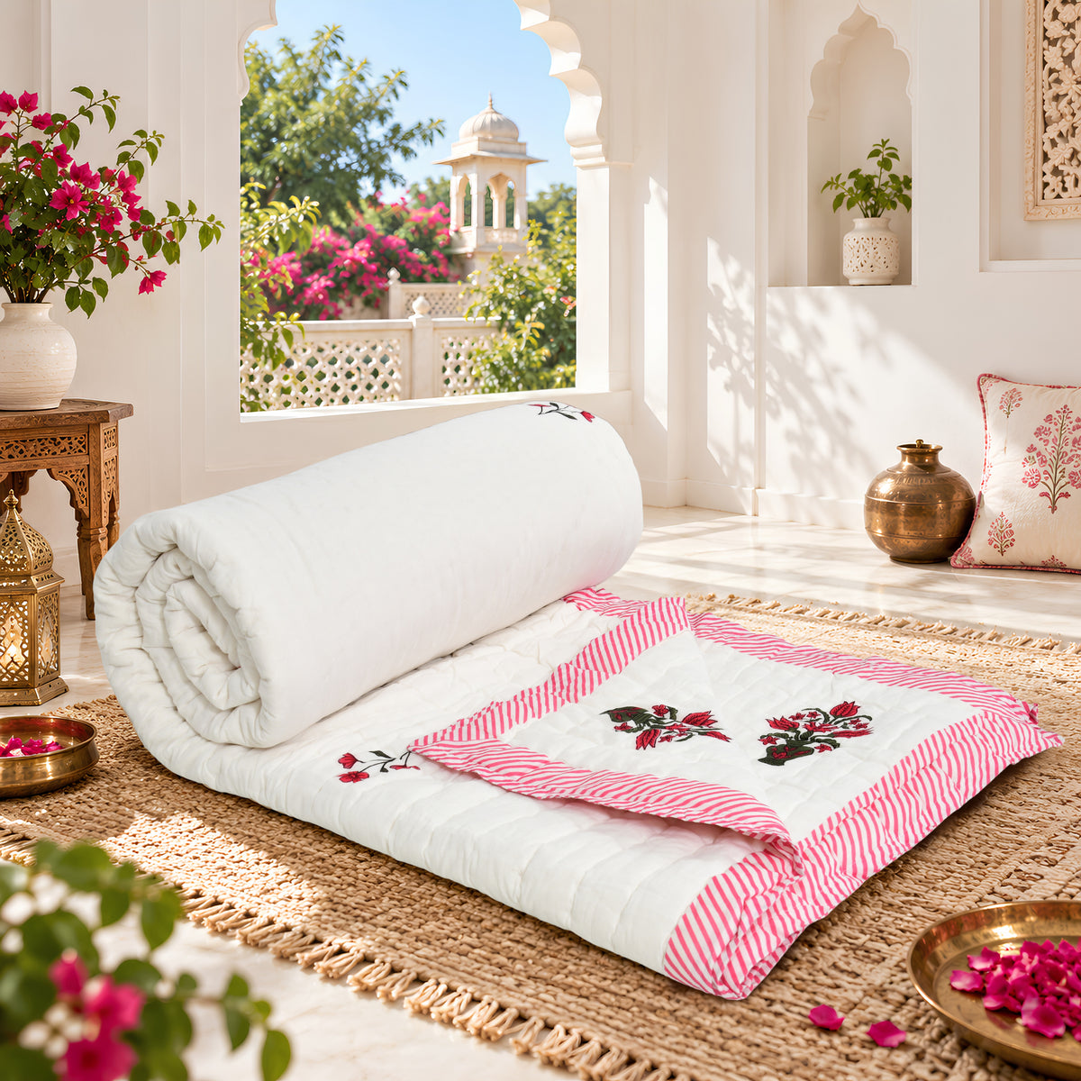 Homeloomers Premium Cotton Rajai with Floral Print & Pink Striped Border | Elegant, Soft & Cozy Winter Quilt