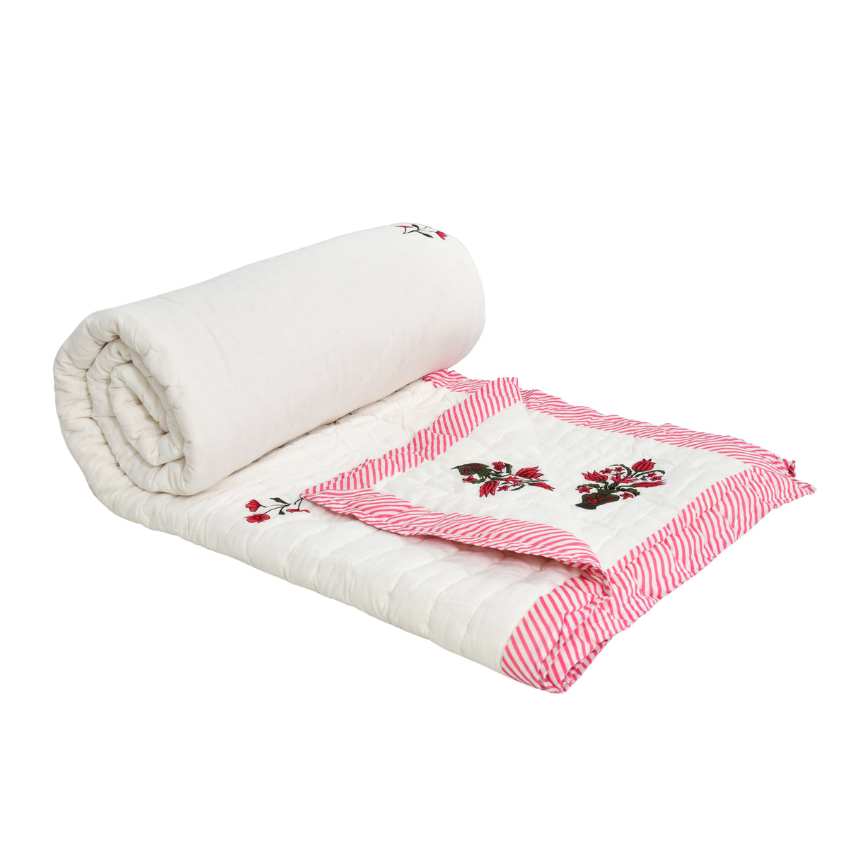 Homeloomers Premium Cotton Rajai with Floral Print & Pink Striped Border | Elegant, Soft & Cozy Winter Quilt
