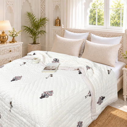 Homeloomers Premium Cotton Rajai with Floral Print &  Light Pink Striped Border | Elegant, Soft & Cozy Winter Quilt