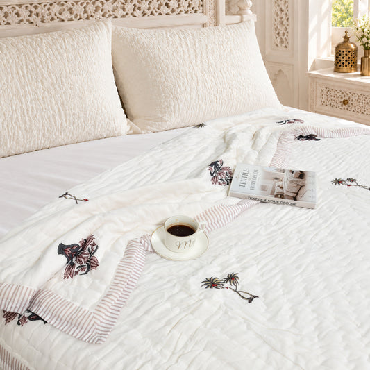 Homeloomers Premium Cotton Rajai with Floral Print &  Light Pink Striped Border | Elegant, Soft & Cozy Winter Quilt