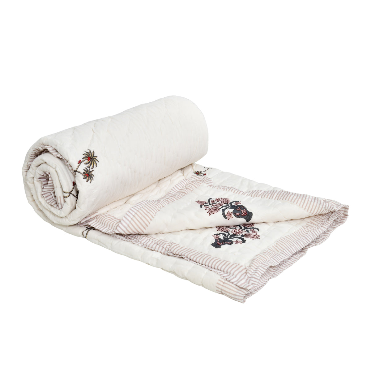 Homeloomers Premium Cotton Rajai with Floral Print &  Light Pink Striped Border | Elegant, Soft & Cozy Winter Quilt