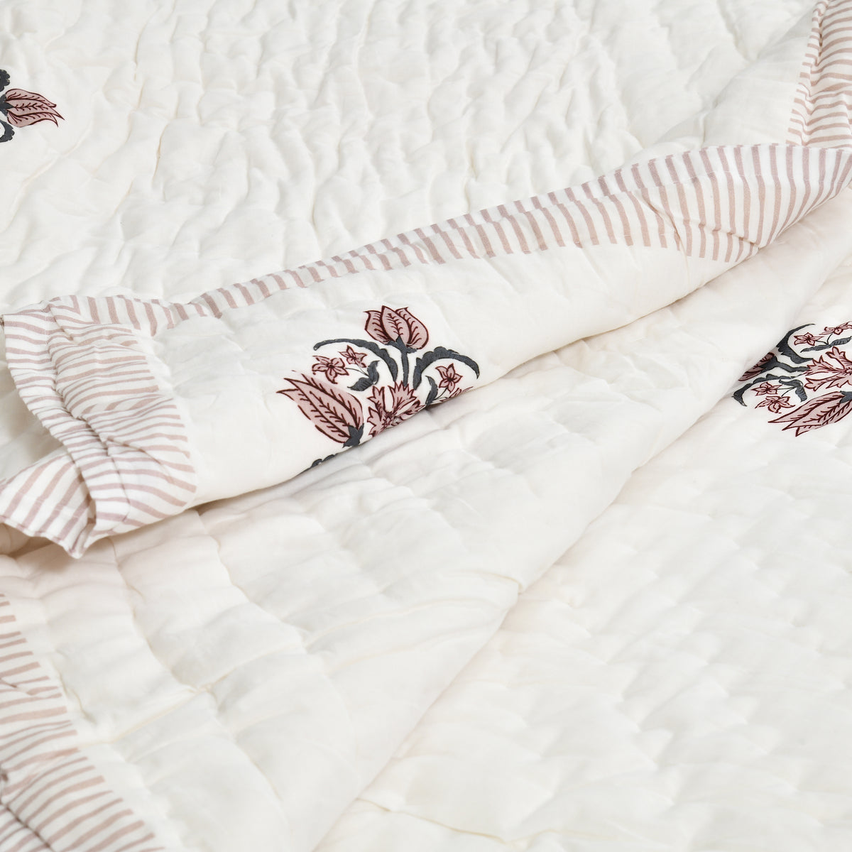 Homeloomers Premium Cotton Rajai with Floral Print &  Light Pink Striped Border | Elegant, Soft & Cozy Winter Quilt