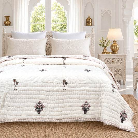 Homeloomers Premium Cotton Rajai with Floral Print &  Light Pink Striped Border | Elegant, Soft & Cozy Winter Quilt