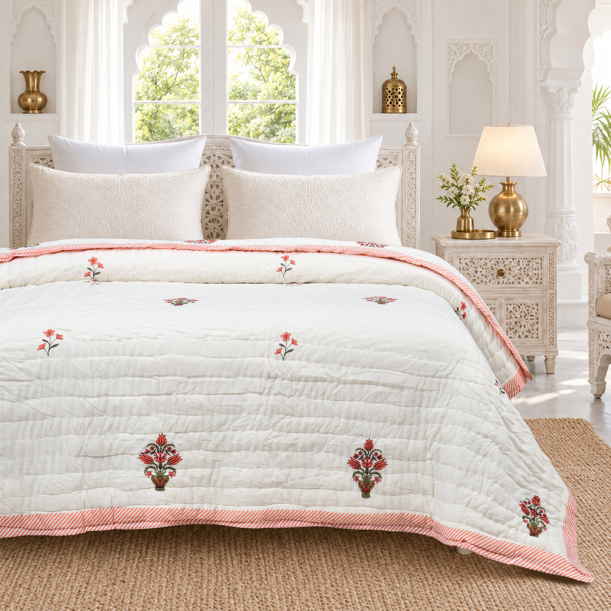 Homeloomers Premium Cotton Rajai with Floral Print &  Red striped Border | Elegant, Soft & Cozy Winter Quilt