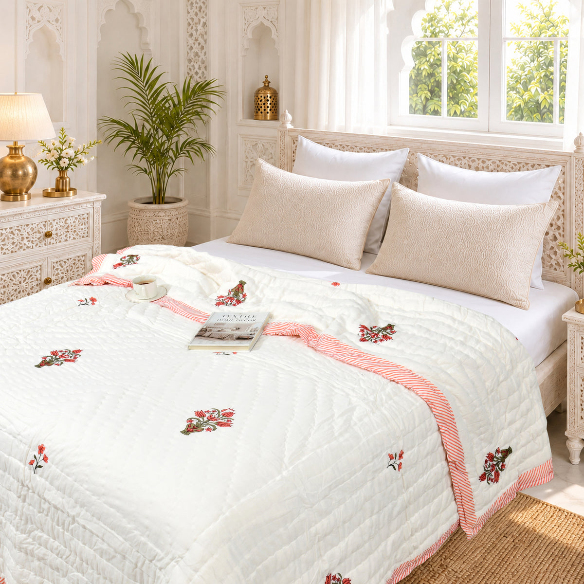 Homeloomers Premium Cotton Rajai with Floral Print &  Red striped Border | Elegant, Soft & Cozy Winter Quilt