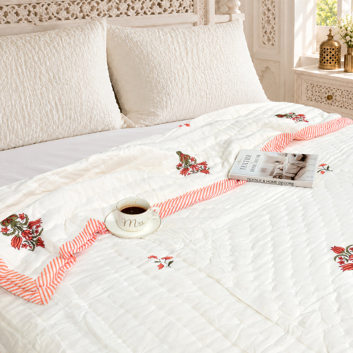 Homeloomers Premium Cotton Rajai with Floral Print &  Red striped Border | Elegant, Soft & Cozy Winter Quilt