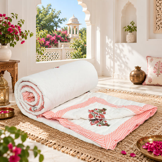 Homeloomers Premium Cotton Rajai with Floral Print &  Red striped Border | Elegant, Soft & Cozy Winter Quilt