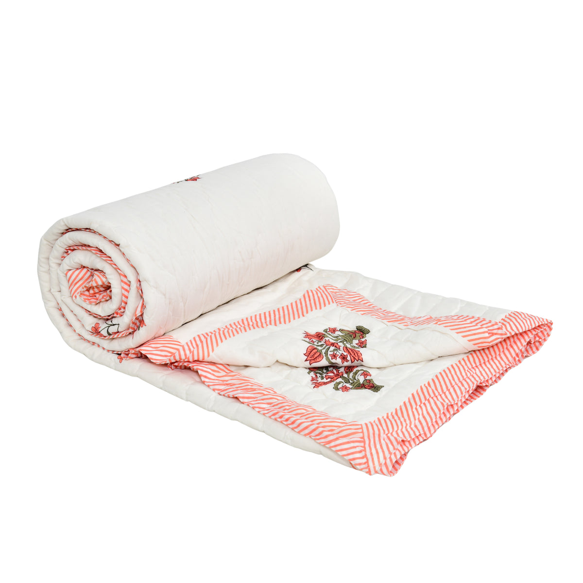 Homeloomers Premium Cotton Rajai with Floral Print &  Red striped Border | Elegant, Soft & Cozy Winter Quilt
