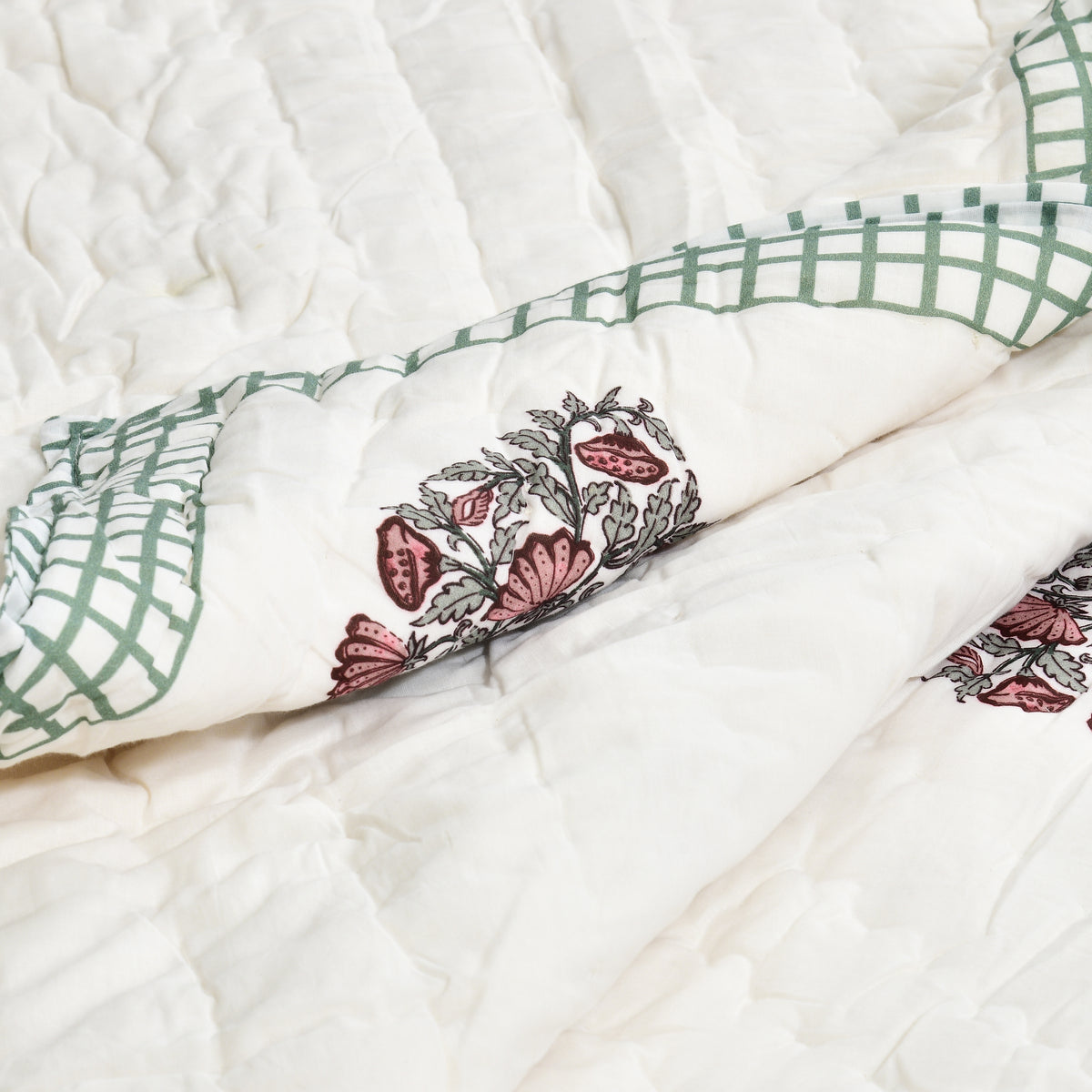 Homeloomers Premium Cotton Rajai with Floral Print & Green Block Border