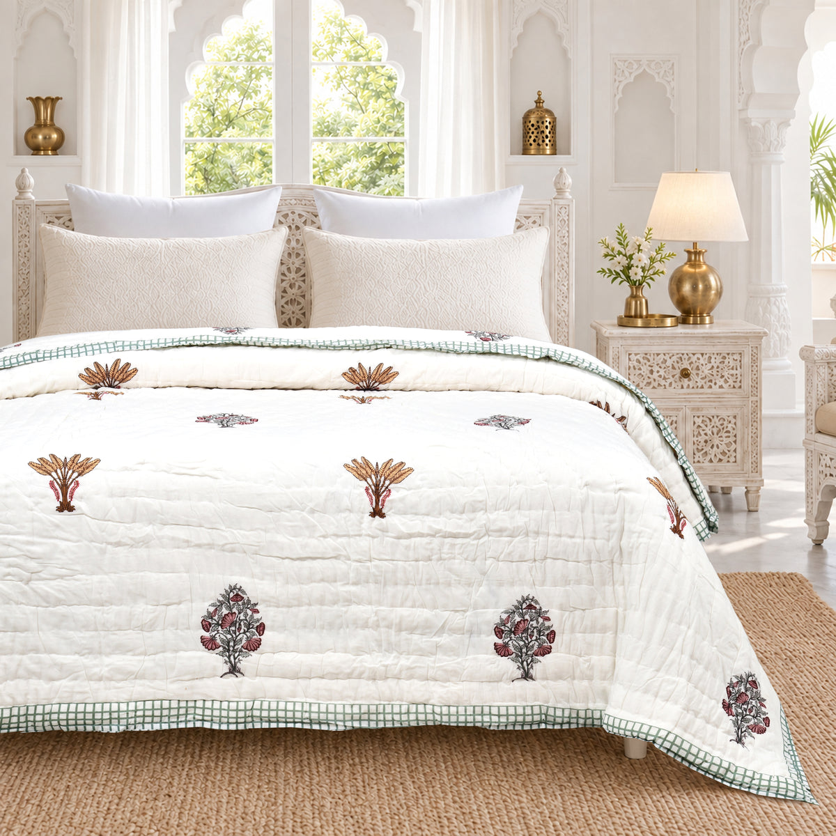 Homeloomers Premium Cotton Rajai with Floral Print & Green Block Border