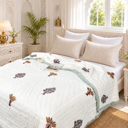 Homeloomers Premium Cotton Rajai with Floral Print & Green Block Border