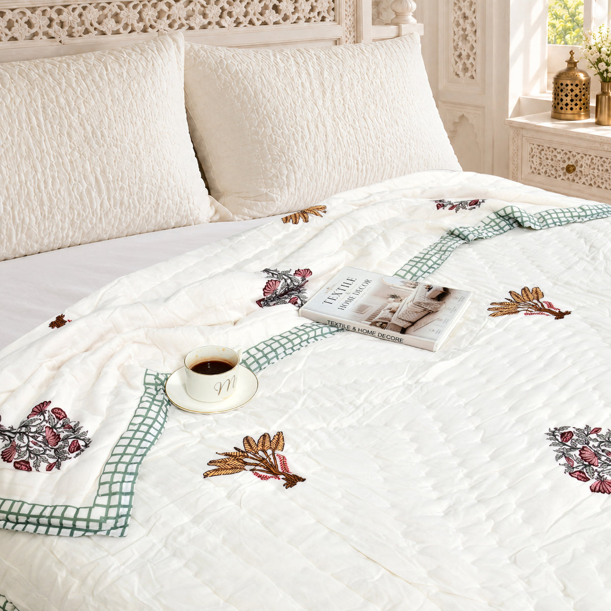 Homeloomers Premium Cotton Rajai with Floral Print & Green Block Border