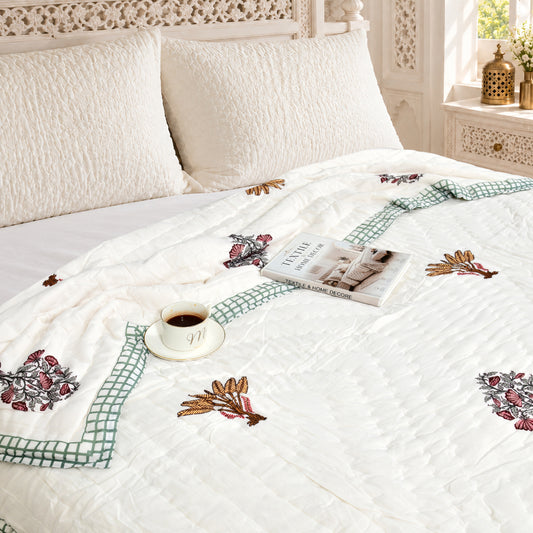 Homeloomers Premium Cotton Rajai with Floral Print & Green Block Border