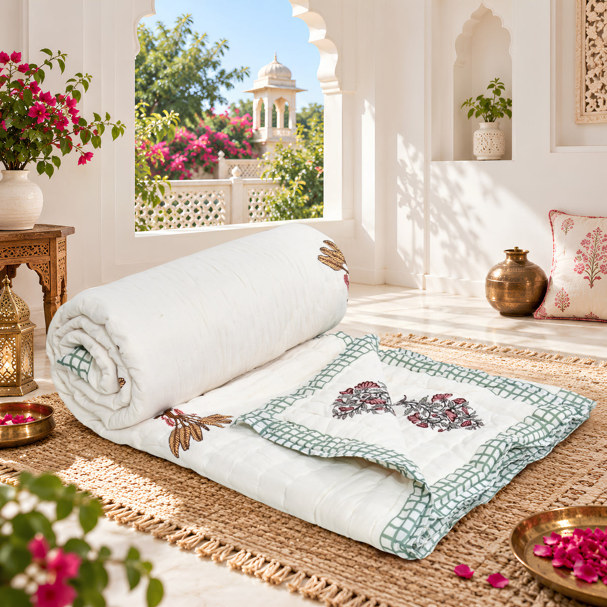 Homeloomers Premium Cotton Rajai with Floral Print & Green Block Border