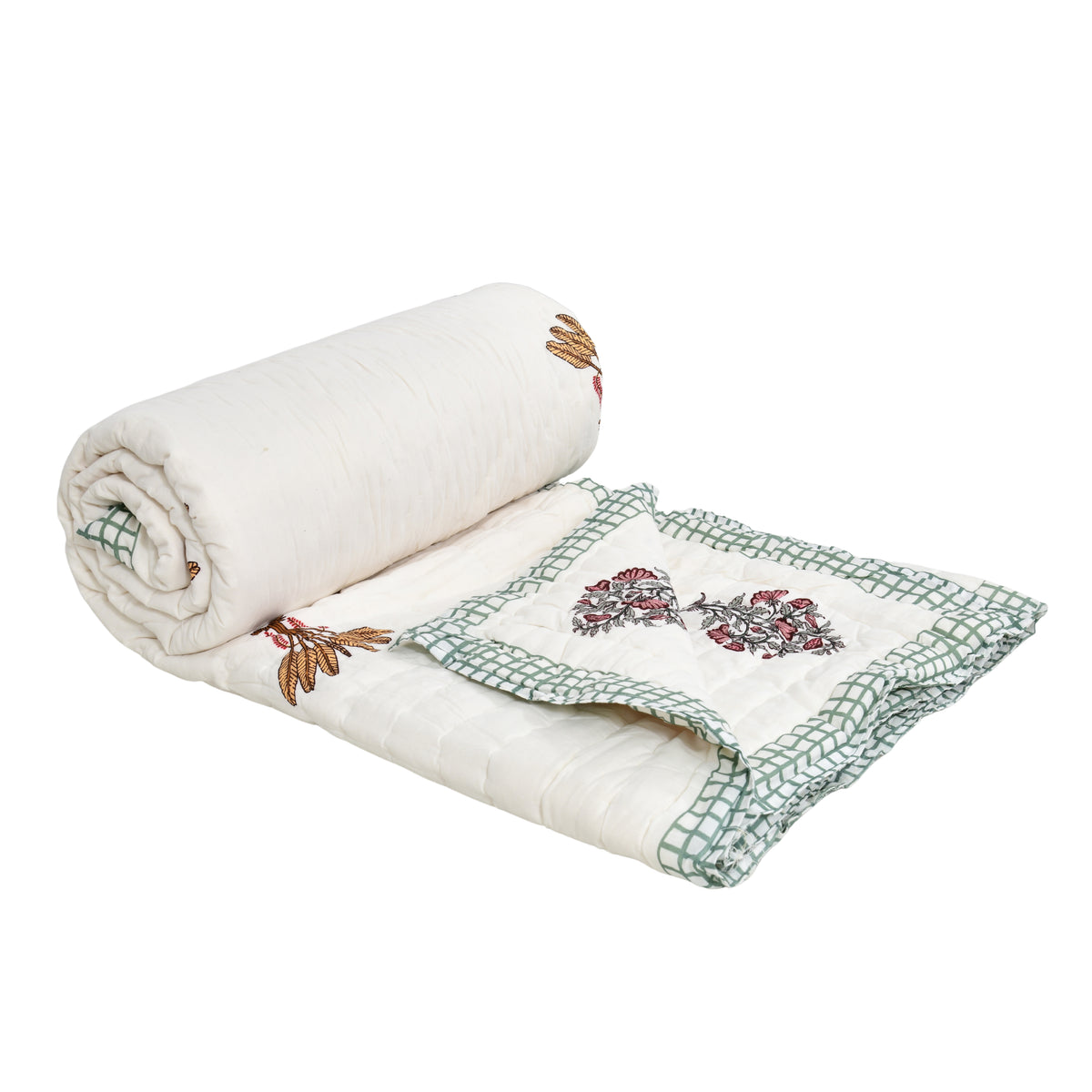 Homeloomers Premium Cotton Rajai with Floral Print & Green Block Border