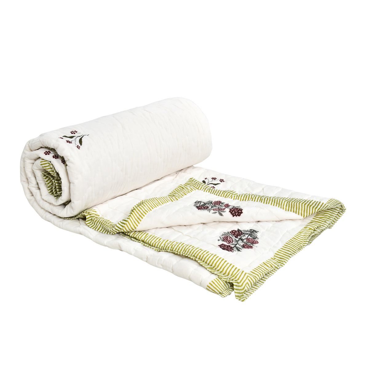 Homeloomers Premium Cotton Rajai with Floral Print & Green Striped Border | Elegant, Soft & Cozy Winter Quilt