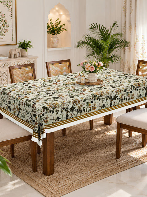Homeloomers Floral Printed Cotton Table Cover with Elegant Olive Green Border | Nature-Inspired Botanical Design for Dining Table