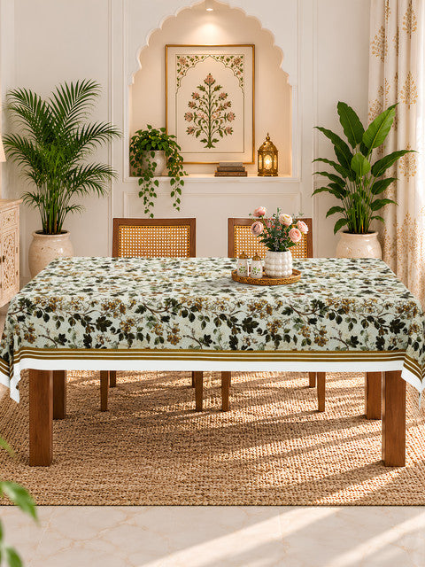 Homeloomers Floral Printed Cotton Table Cover with Elegant Olive Green Border | Nature-Inspired Botanical Design for Dining Table
