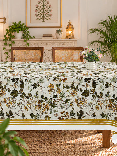 Homeloomers Floral Printed Cotton Table Cover with Elegant Olive Green Border | Nature-Inspired Botanical Design for Dining Table