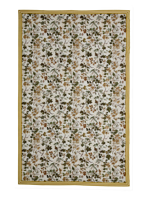 Homeloomers Floral Printed Cotton Table Cover with Elegant Olive Green Border | Nature-Inspired Botanical Design for Dining Table