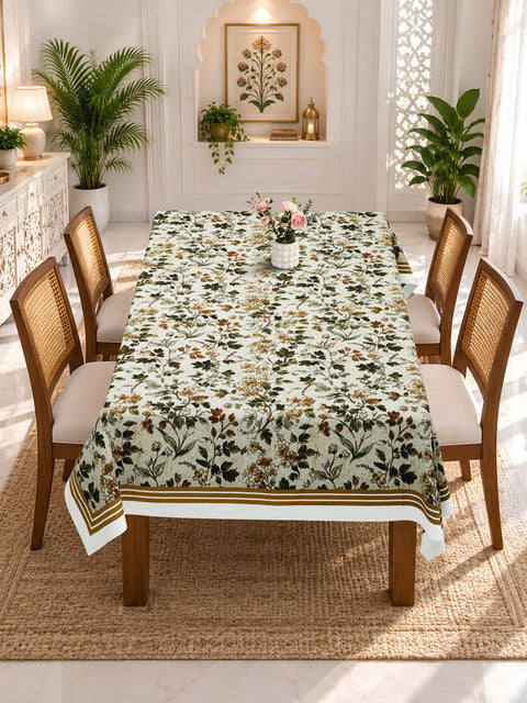 Homeloomers Floral Printed Cotton Table Cover with Elegant Olive Green Border | Nature-Inspired Botanical Design for Dining Table