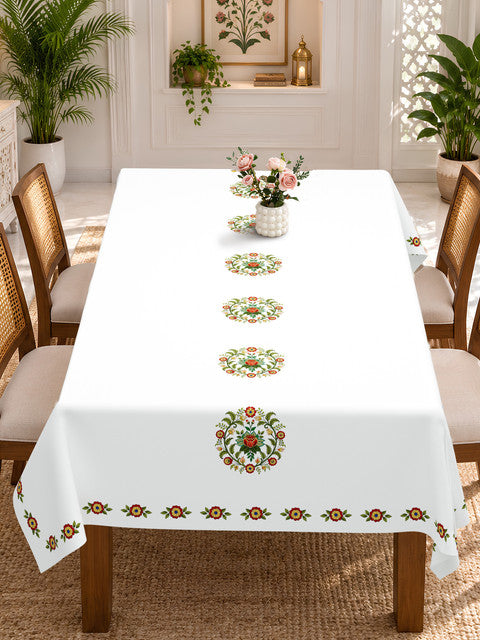 Homeloomers Floral Printed Cotton Table Cover with Traditional Red & Green Motifs | Elegant White Dining Tablecloth with Decorative Floral Border