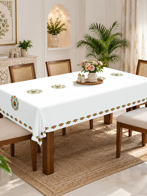 Homeloomers Floral Printed Cotton Table Cover with Traditional Red & Green Motifs | Elegant White Dining Tablecloth with Decorative Floral Border